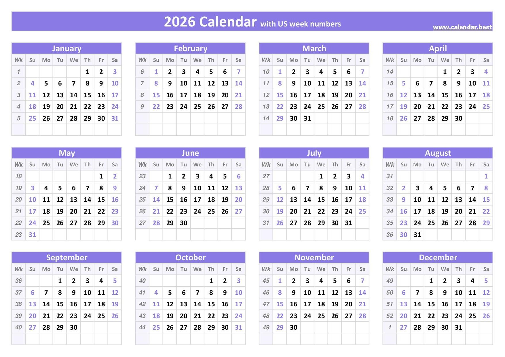 2026 Calendar With Week Numbers
