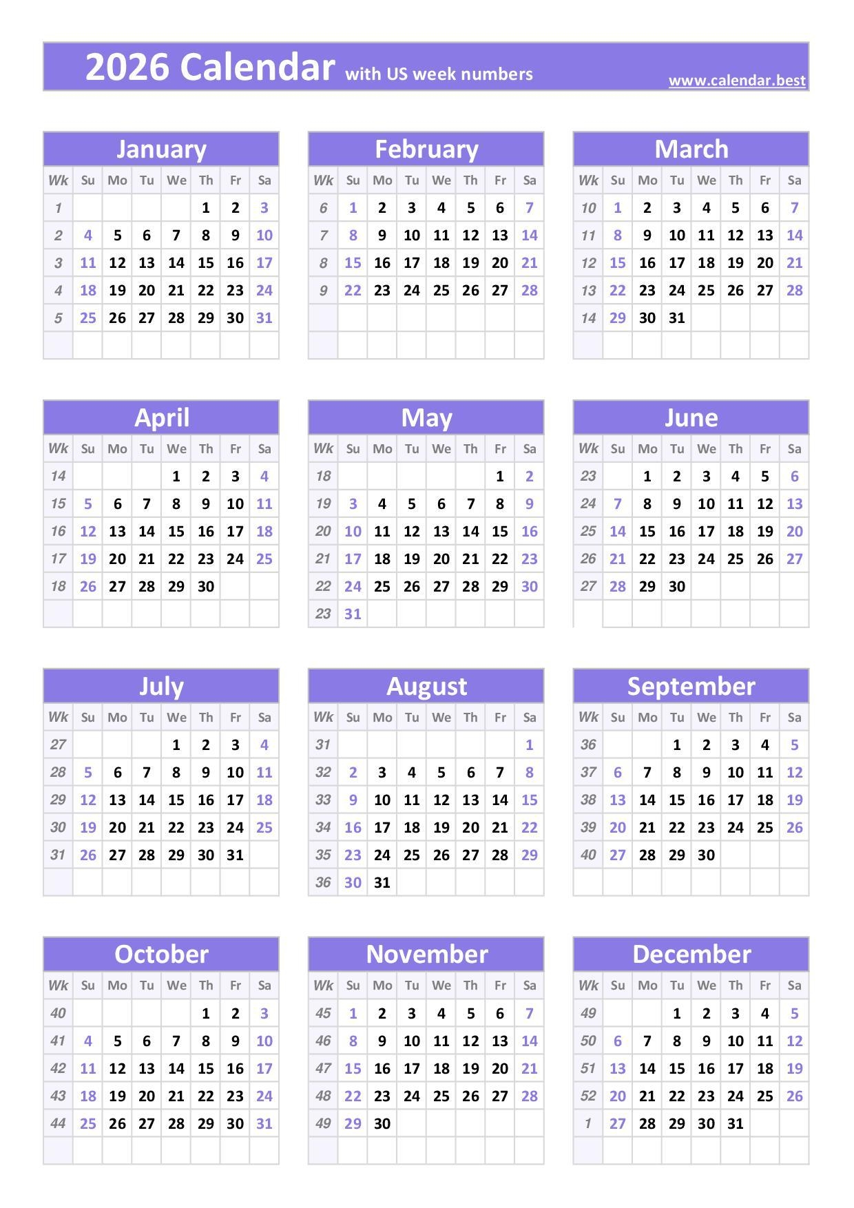 2026 Calendar With Week Numbers US And ISO Week Numbers 