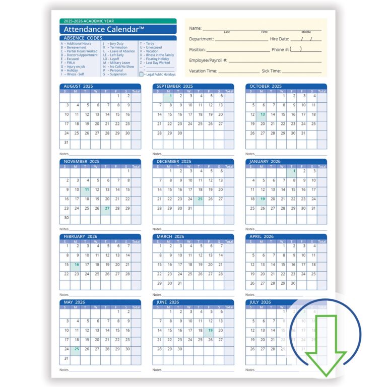 2026 Downloadable Academic Year Employee Attendance Calendar HRdirect