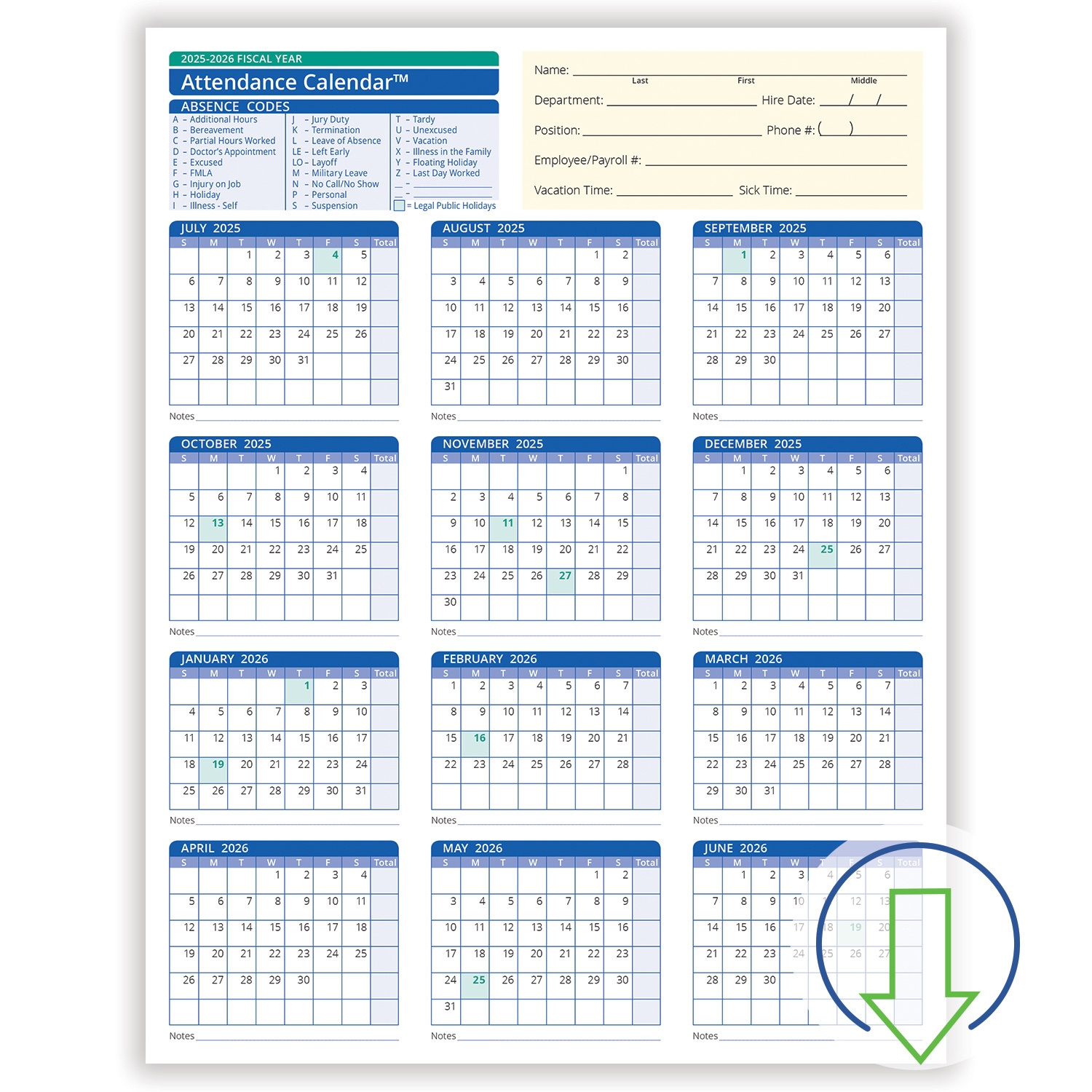 2026 Downloadable Fiscal Year Employee Attendance Calendar HRdirect