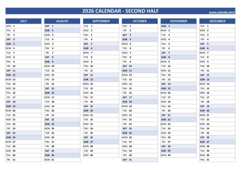 2026 Half Year Calendar To Print