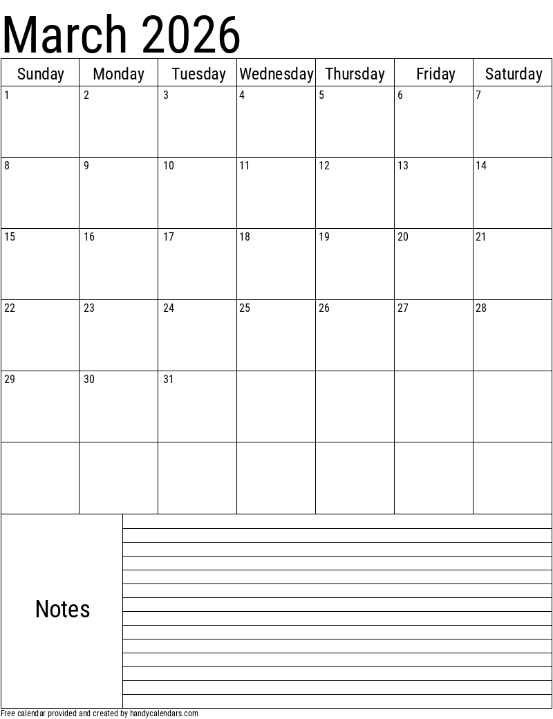 Free Printable Monthly Calendar March 2026
