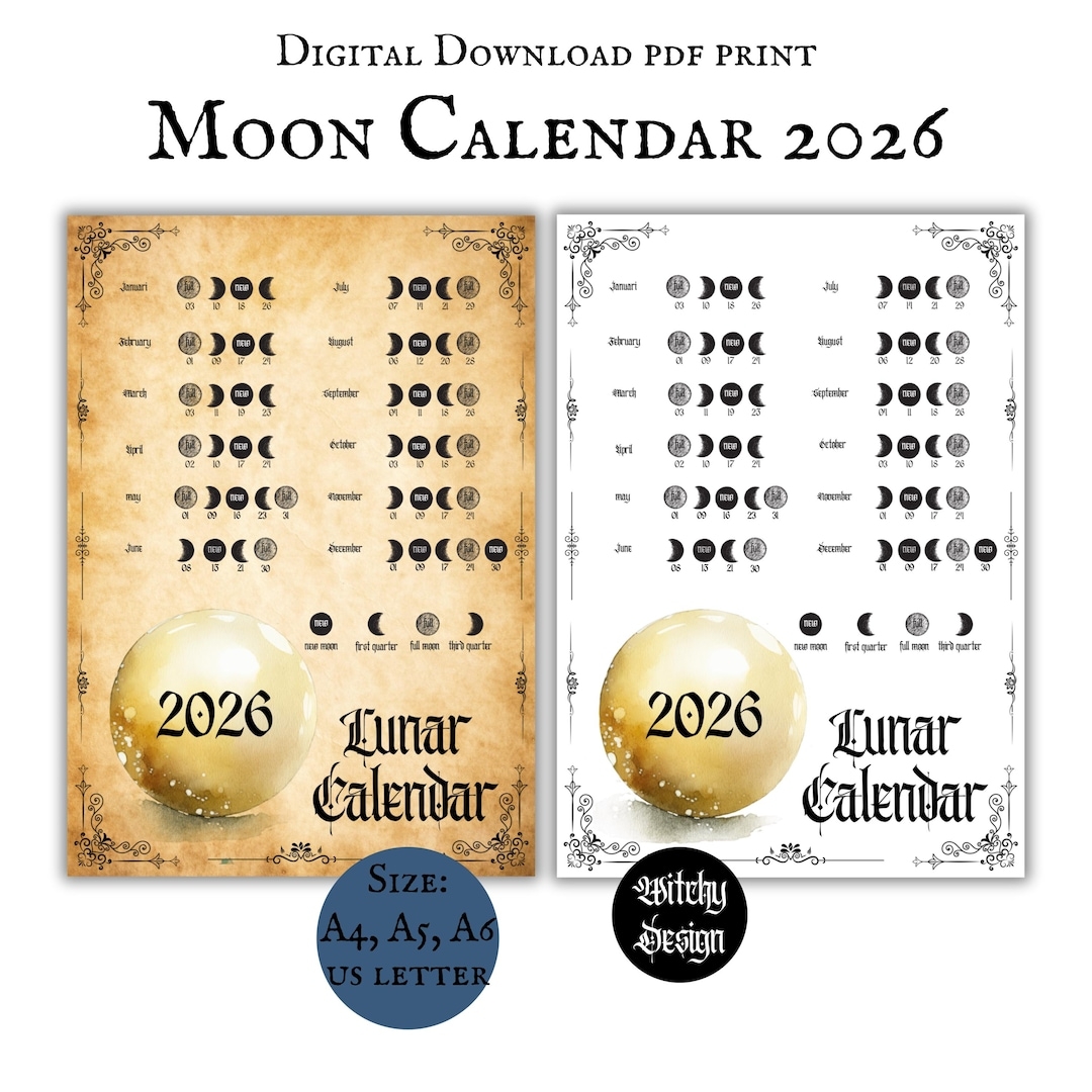 2026 Moon Calendar Printable Download Page Lunar Calendar Phases 2026 Witchy Planner Moon Calendar Astrology Lunar Cycle Pagan Moon Planner Etsy