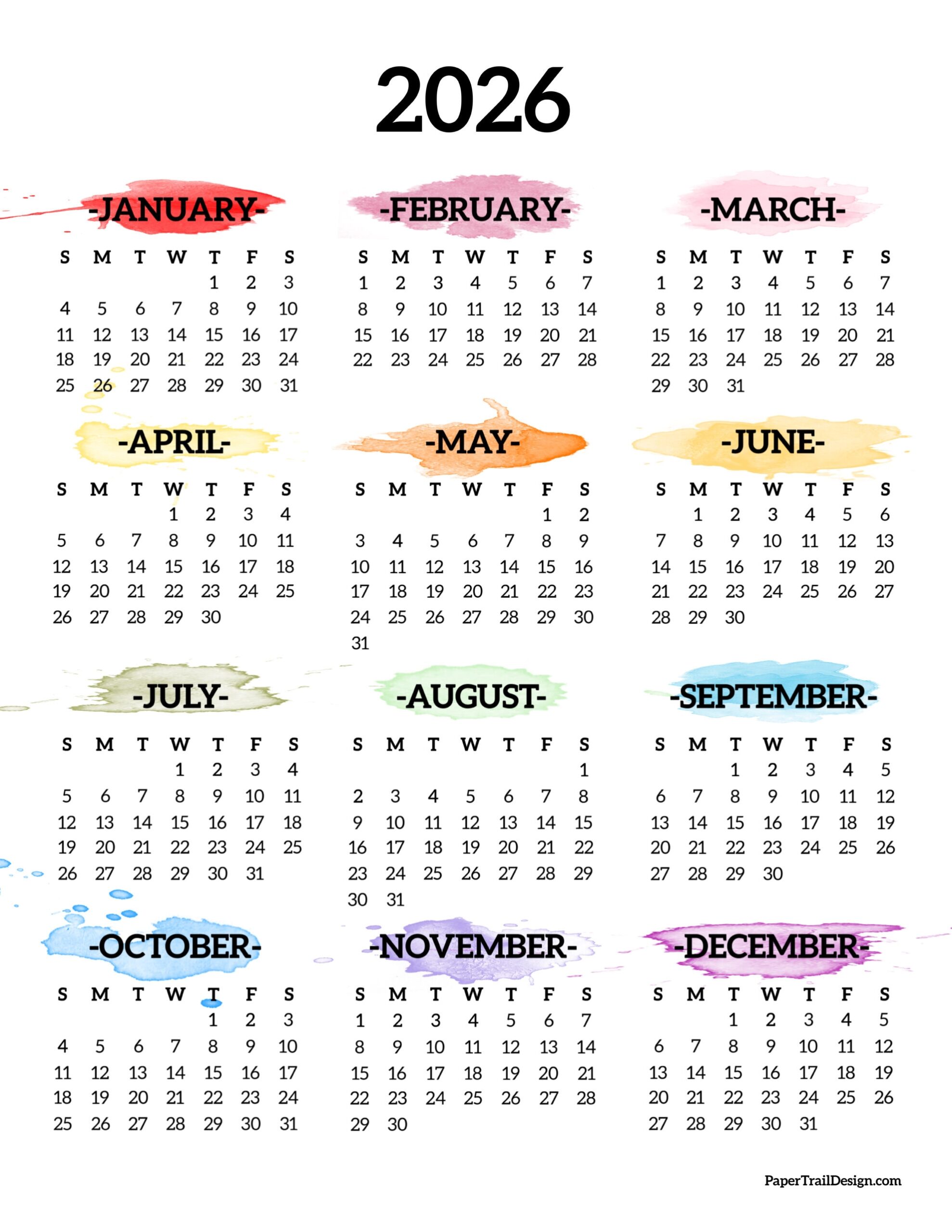 Half Page Calendar Printable 2026
