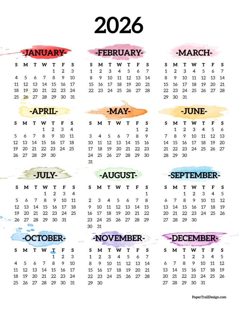 2026 Printable Calendar One Page Paper Trail Design