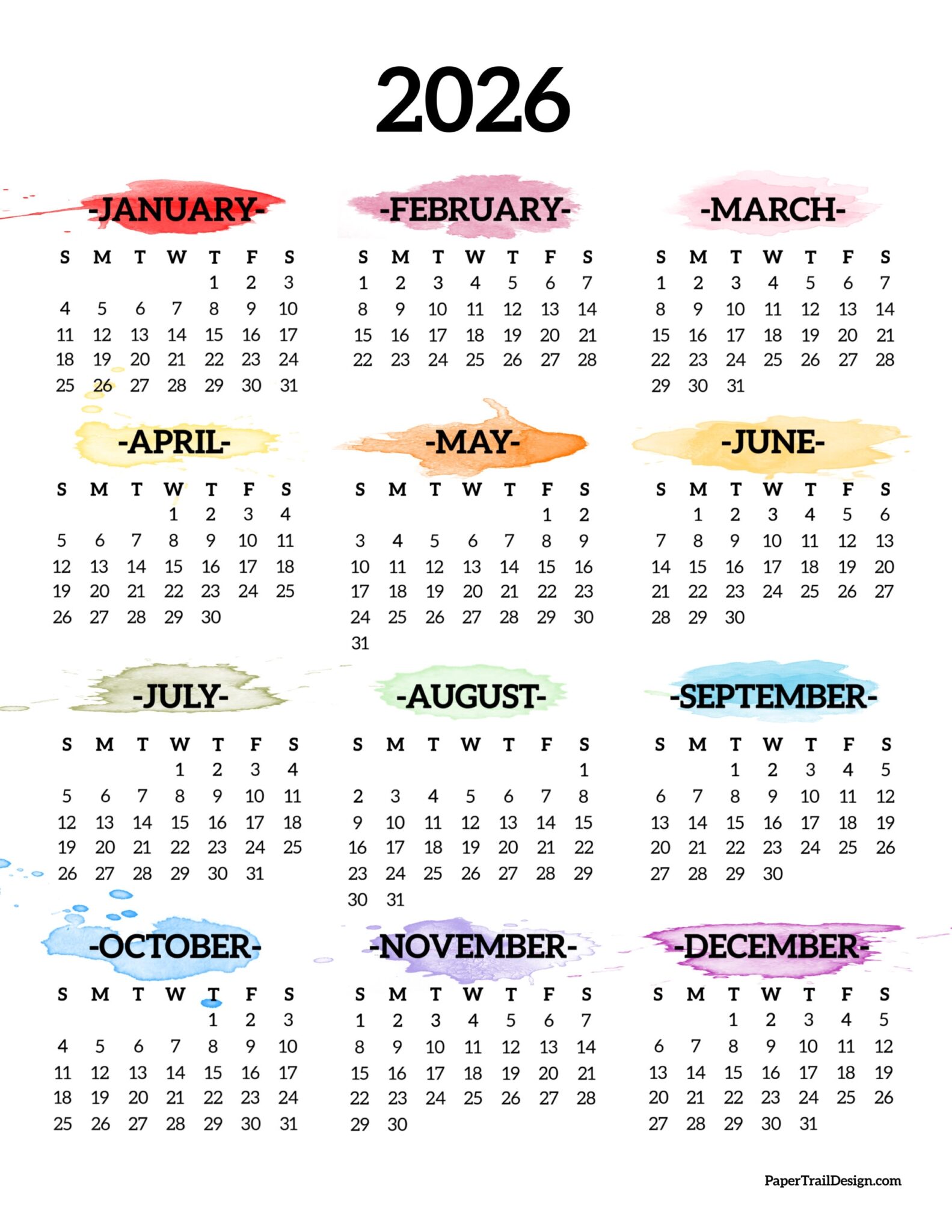 Free Printable Year 2026 Calendar - Free Printable Templates