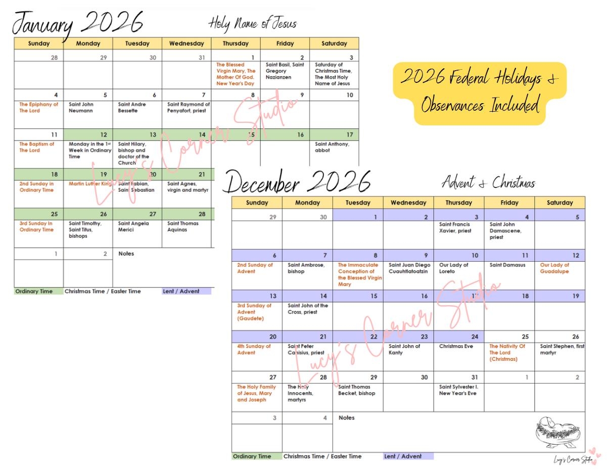 2026 Printable Monthly Catholic Calendar Liturgical Catholic Calendar CCD Religious Education Youth Ministry PDF File 8 5 X 11 Etsy