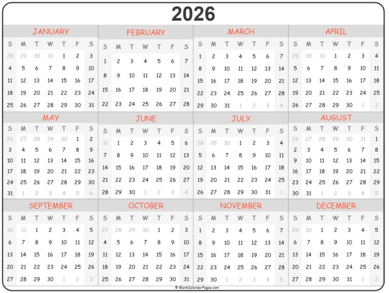 2026 Year Calendar Yearly Printable
