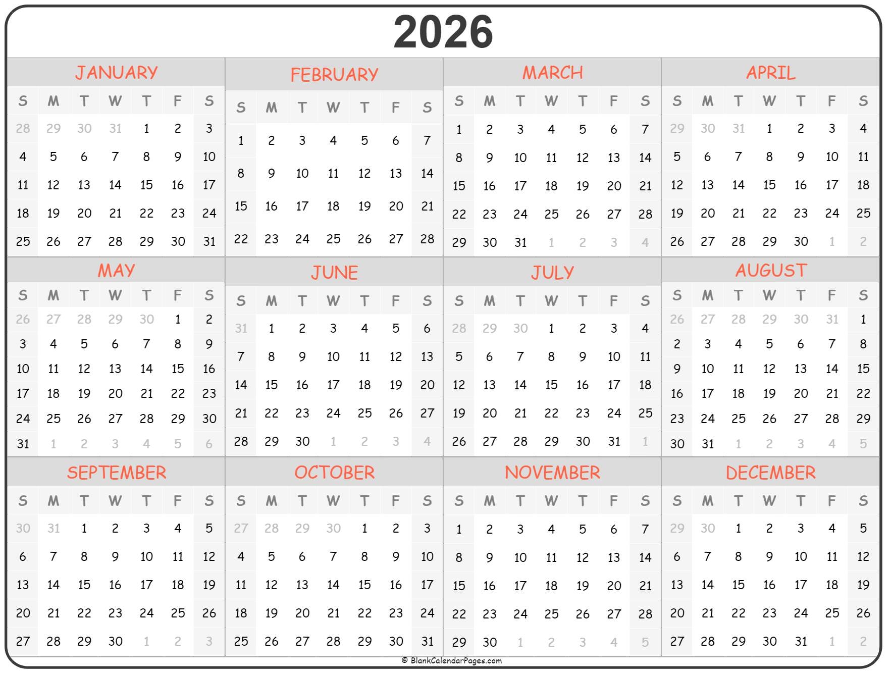 Year Calendar 2026 Printable Free
