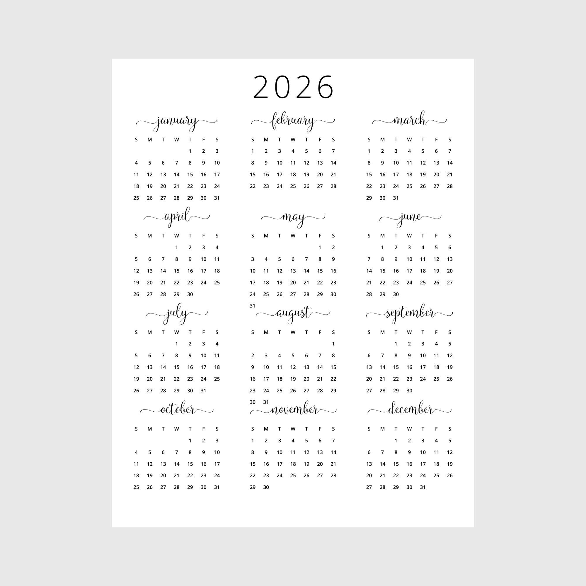 A5 Calendar 2026 Printable