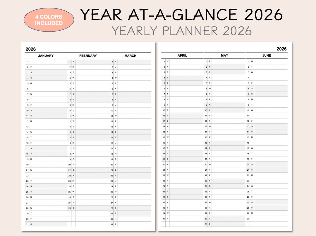 2026 Yearly Planner Calendar Year At a glance 4 Colors printable PDF Etsy