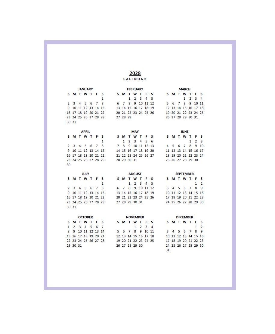 2028 Yearly Calendar Printable Sunday Start Year At A Glance PDF Portrait Etsy