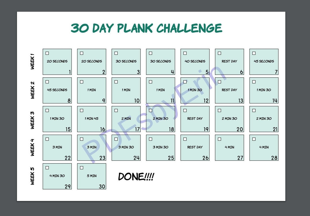 30 Day Plank Challenge Calendar Printable PDF Fitness Checklist Etsy