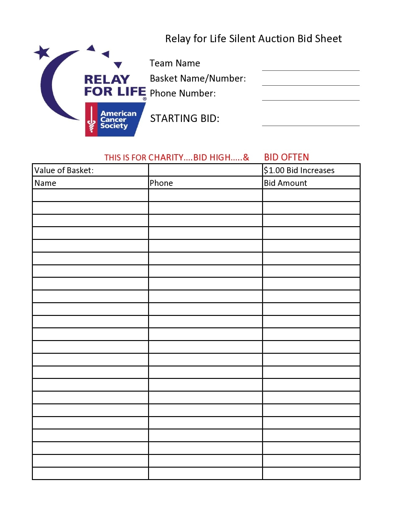 Free Printable Silent Auction Sheets
