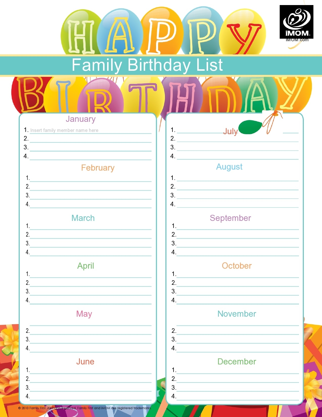 Printable Birthday List Calendar