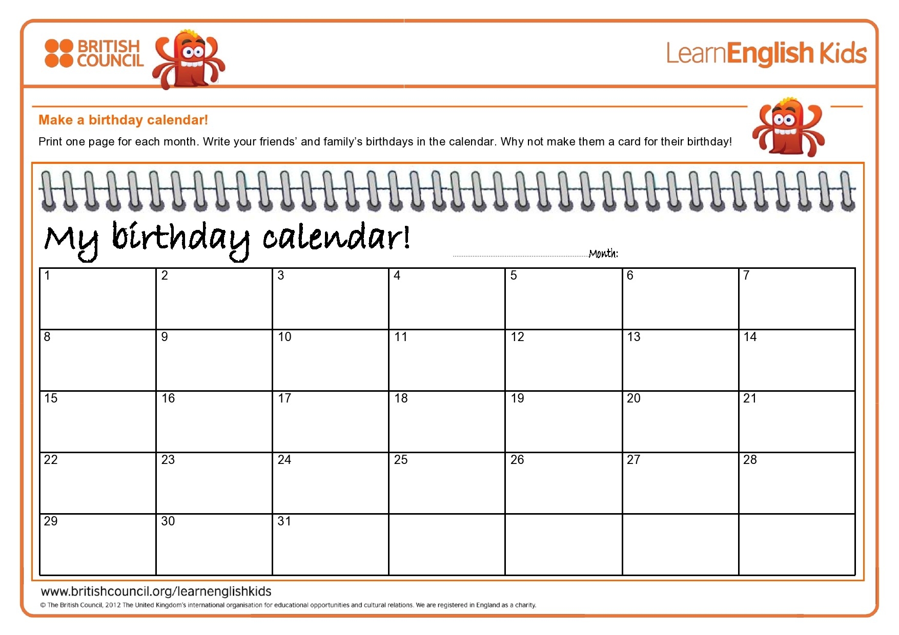 Printable Family Birthday Calendar