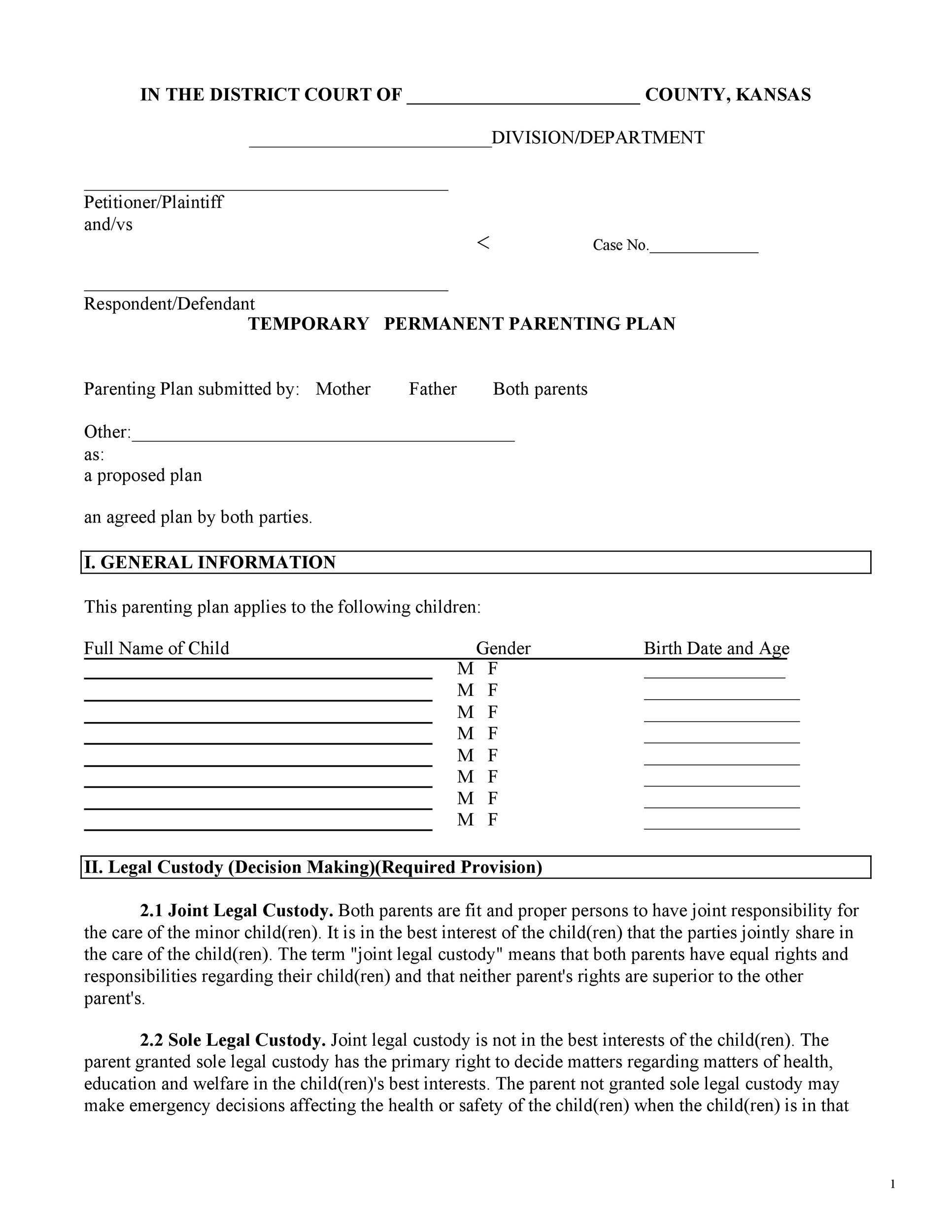 49 FREE Parenting Plan U0026 Custody Agreement Templates