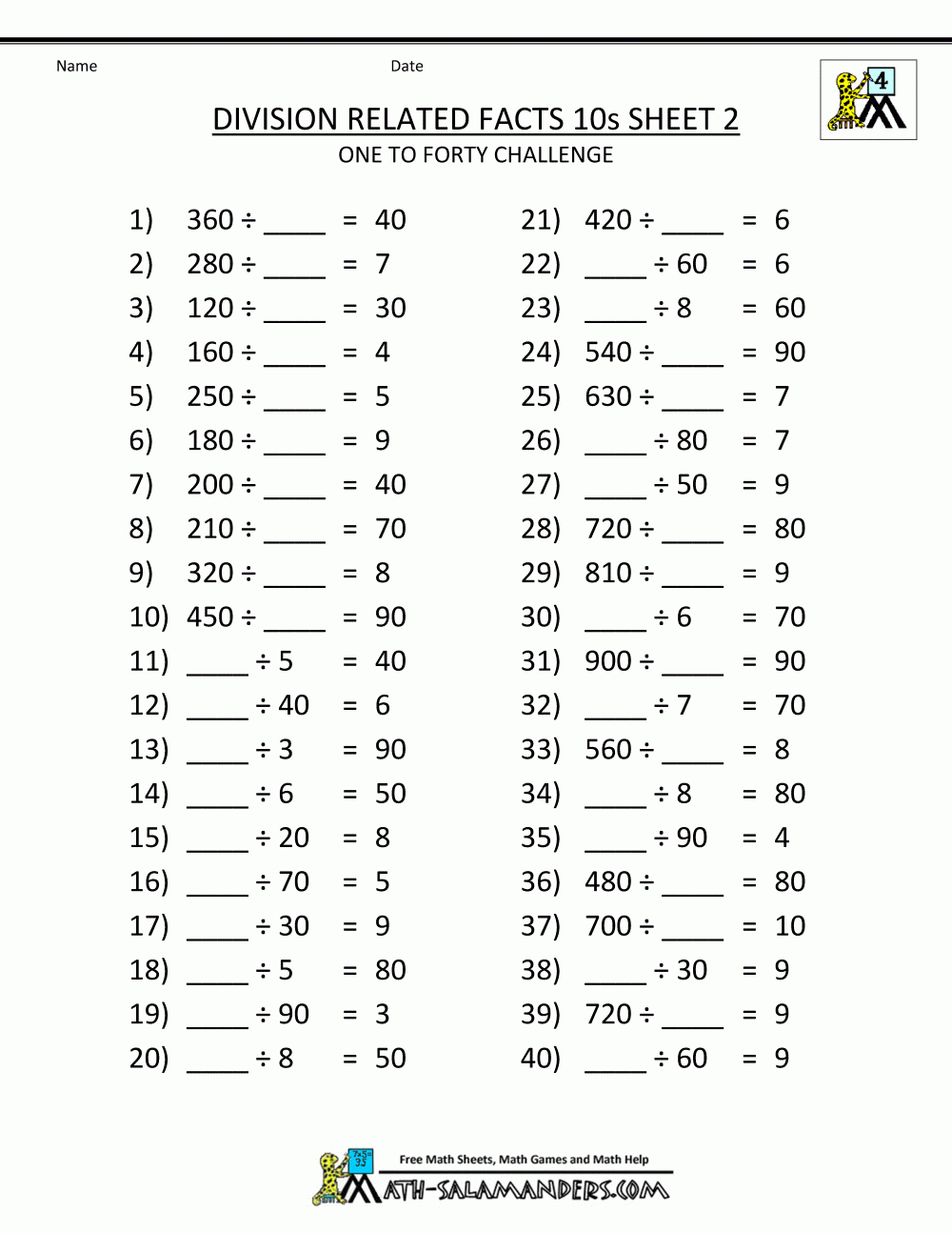 4th Grade Math Division Worksheets Printable