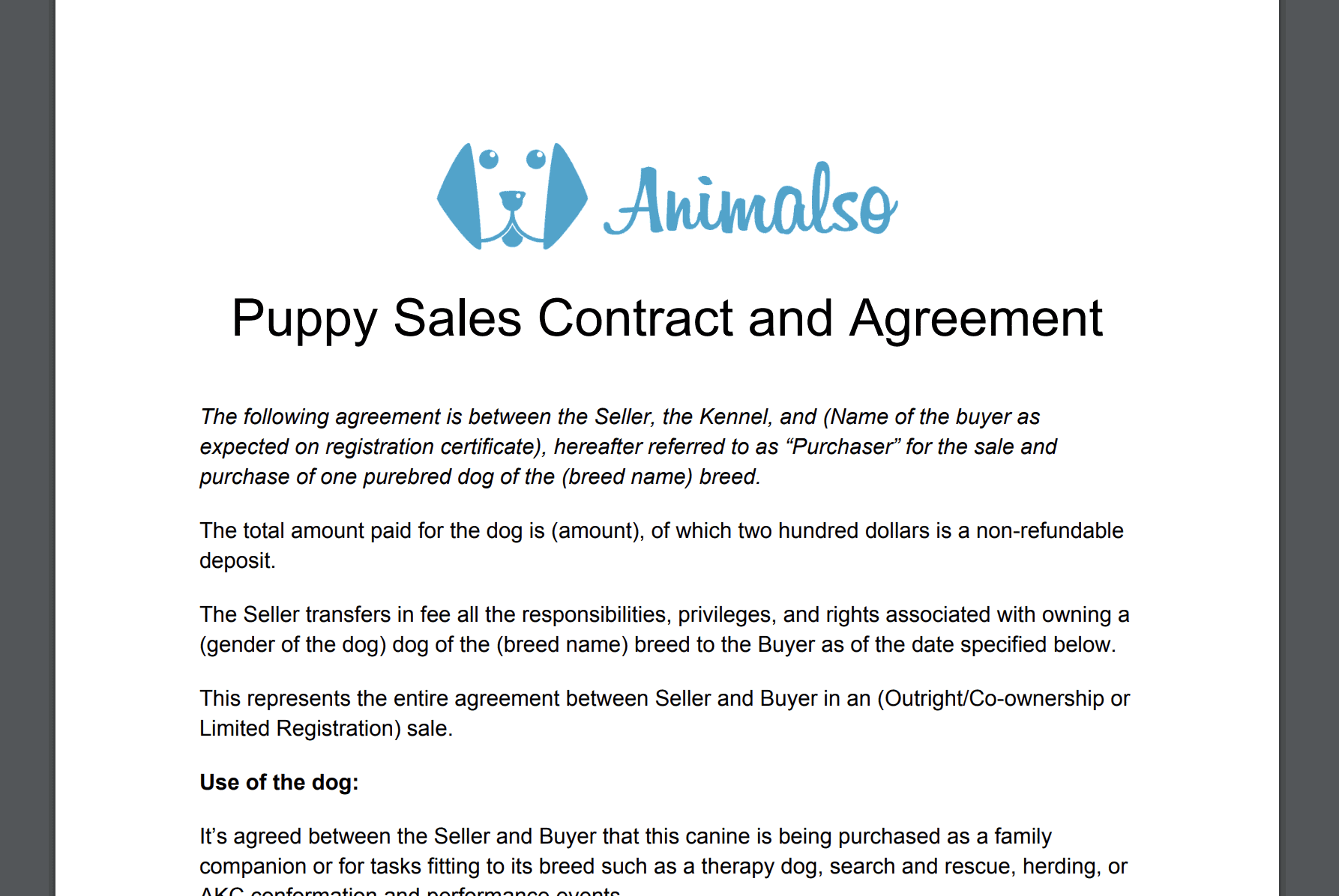 Free Printable Puppy Sale Contract Template Free Printable Puppy Sale Contract Template