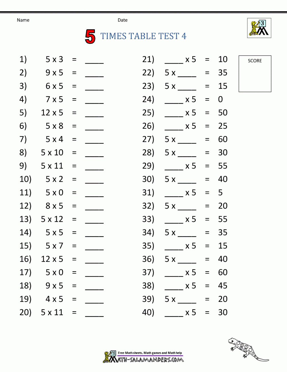 5 Times Table Worksheet Page