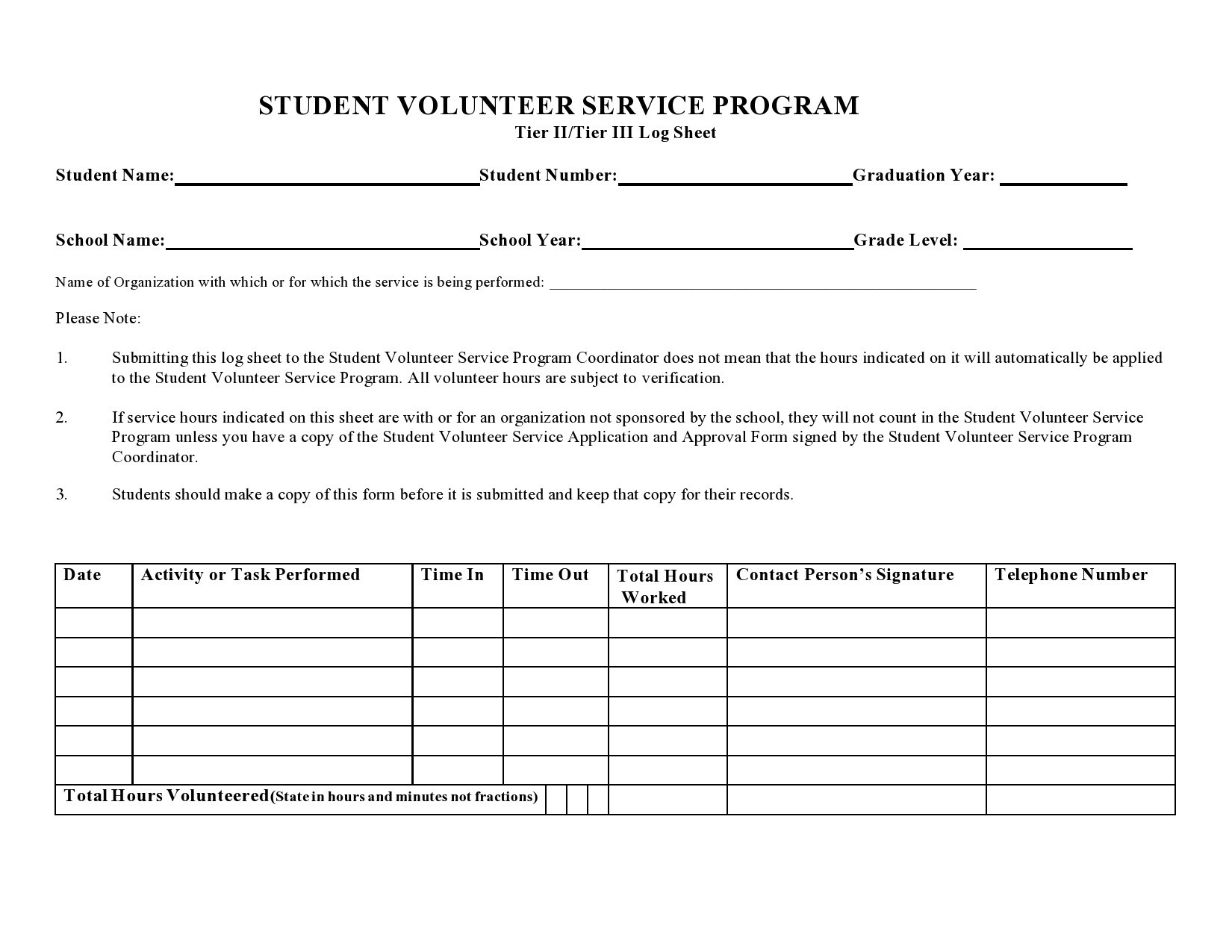 Volunteer Hours Sheet Printable