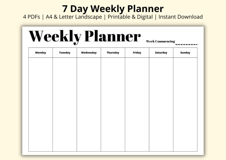 7 Day Weekly Planner Simple Weekly Overview Week At A Glance Weekly To Do List Landscape horizontal Digital printable A4 letter Etsy