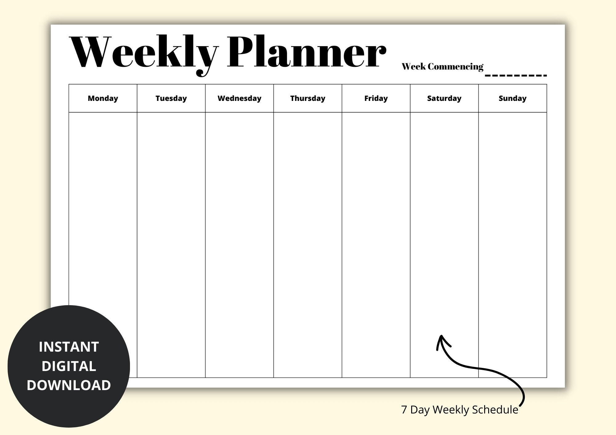 7 Day Weekly Planner Simple Weekly Overview Week At A Glance Weekly To Do List Landscape horizontal Digital printable A4 letter Etsy