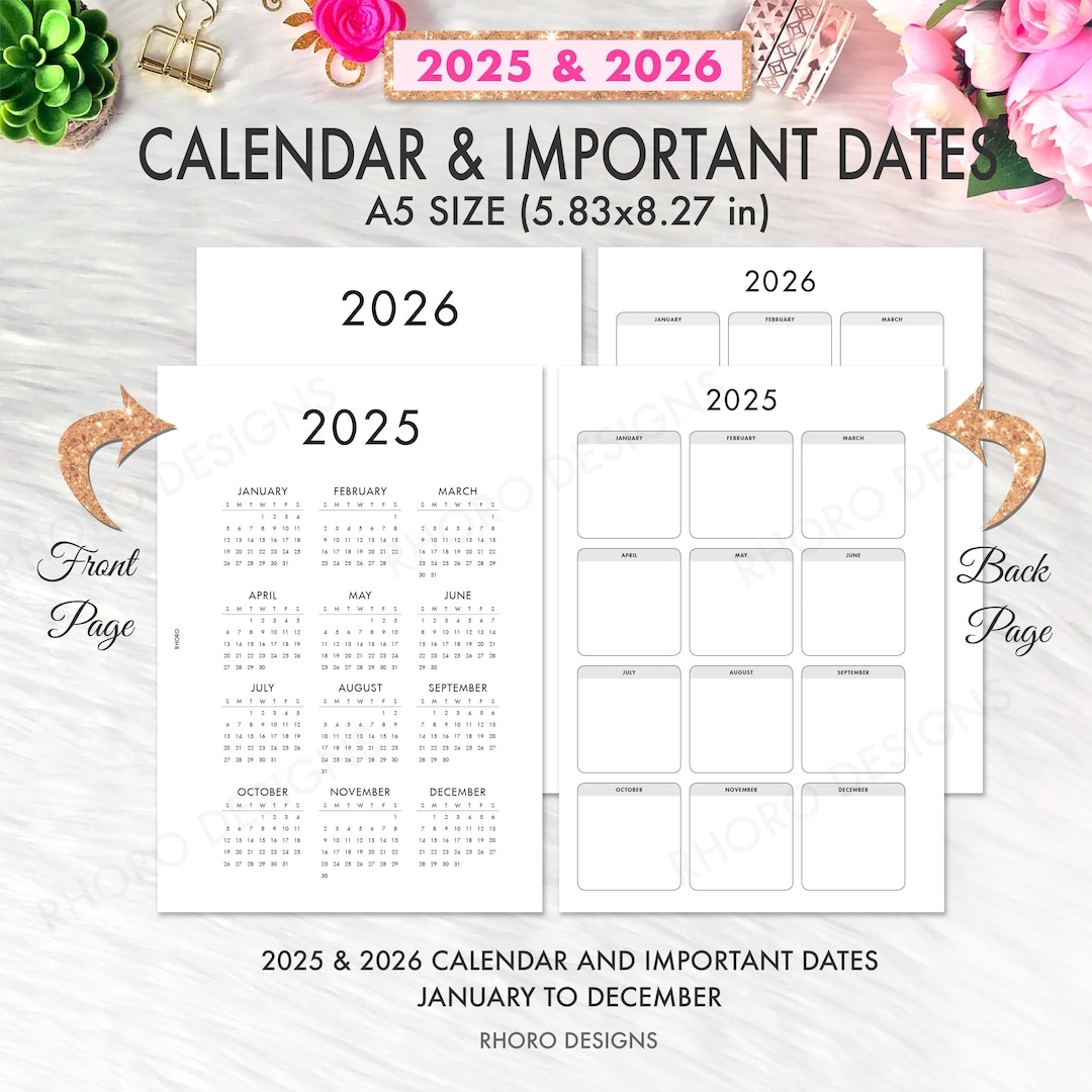 A5 Calendar 2025 2026 A5 Planner Inserts Printable 2025 A5 Printable Inserts A5 Printable 2025 Calendar A5 Important Dates Pages Refill Etsy