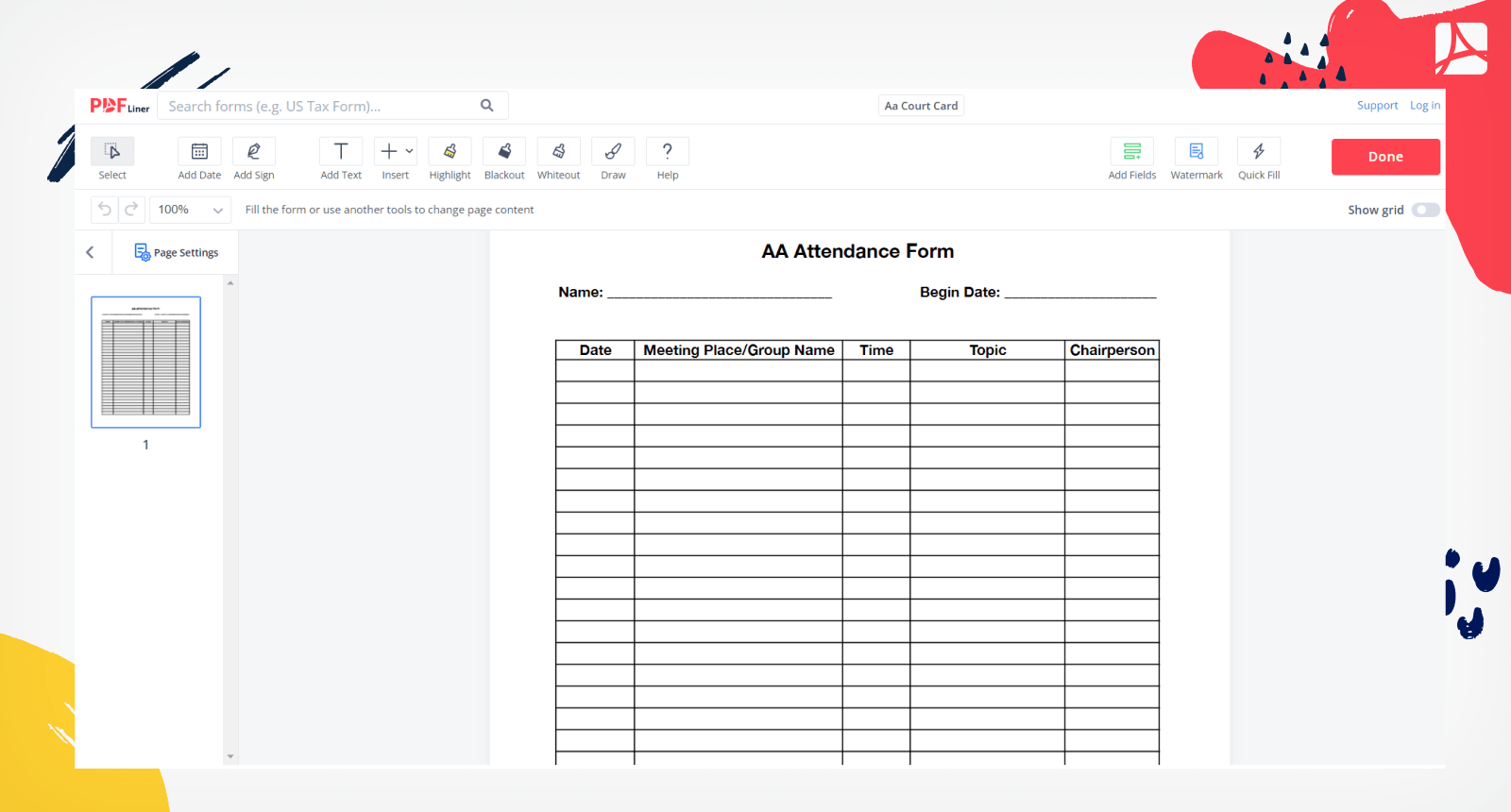 AA Attendance Form Sign Online PDFLiner