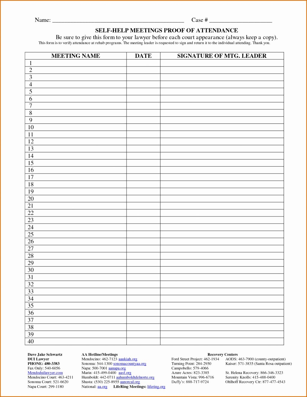 Free Printable Aa Attendance Sheet