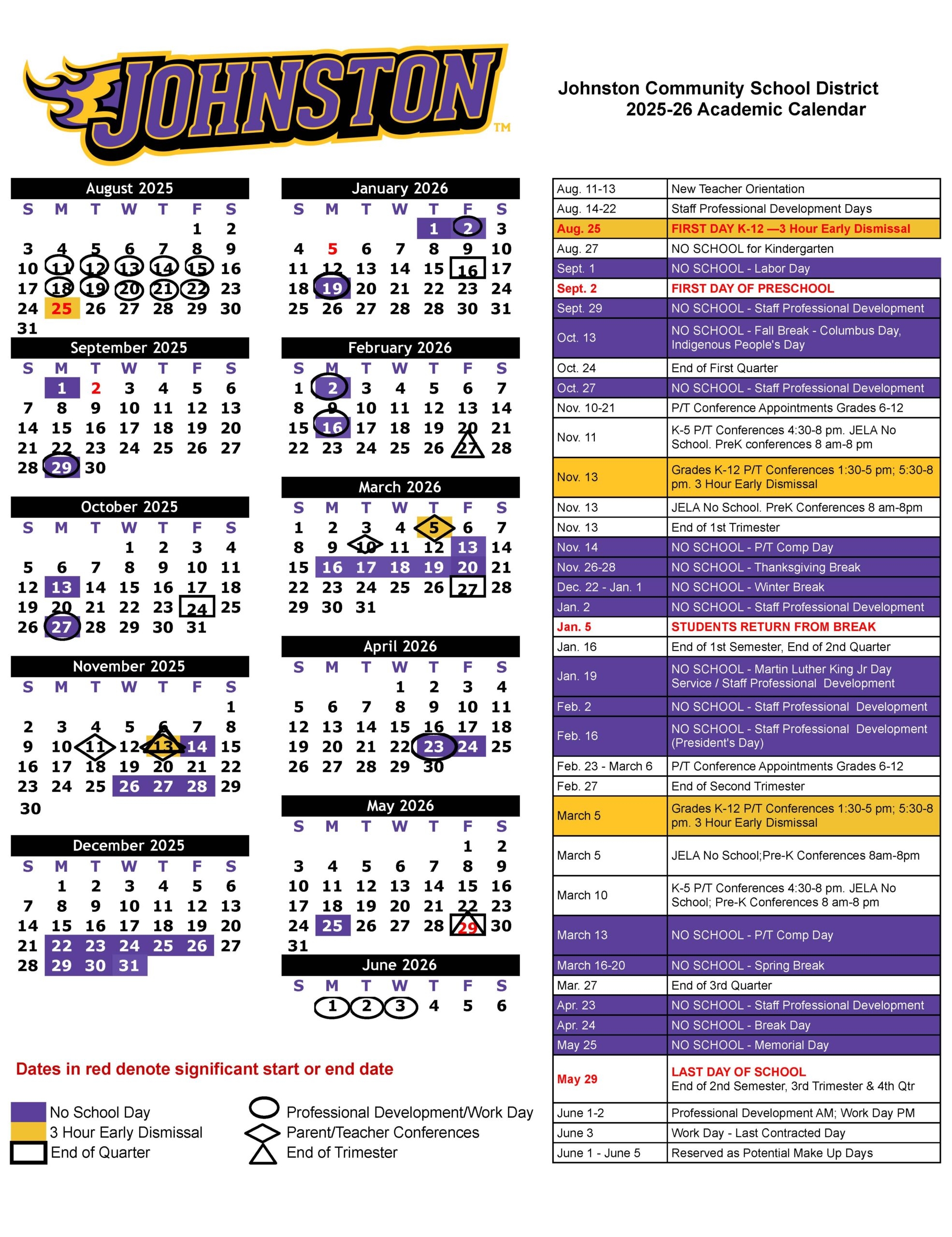 Academic Calendars Johnston Community School District