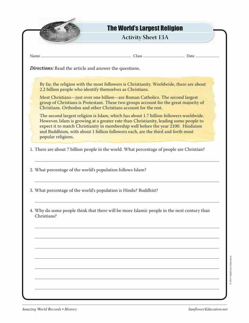 Amazing World Record Of History LARGEST RELIGION Worksheets And Activities Sunflower Education