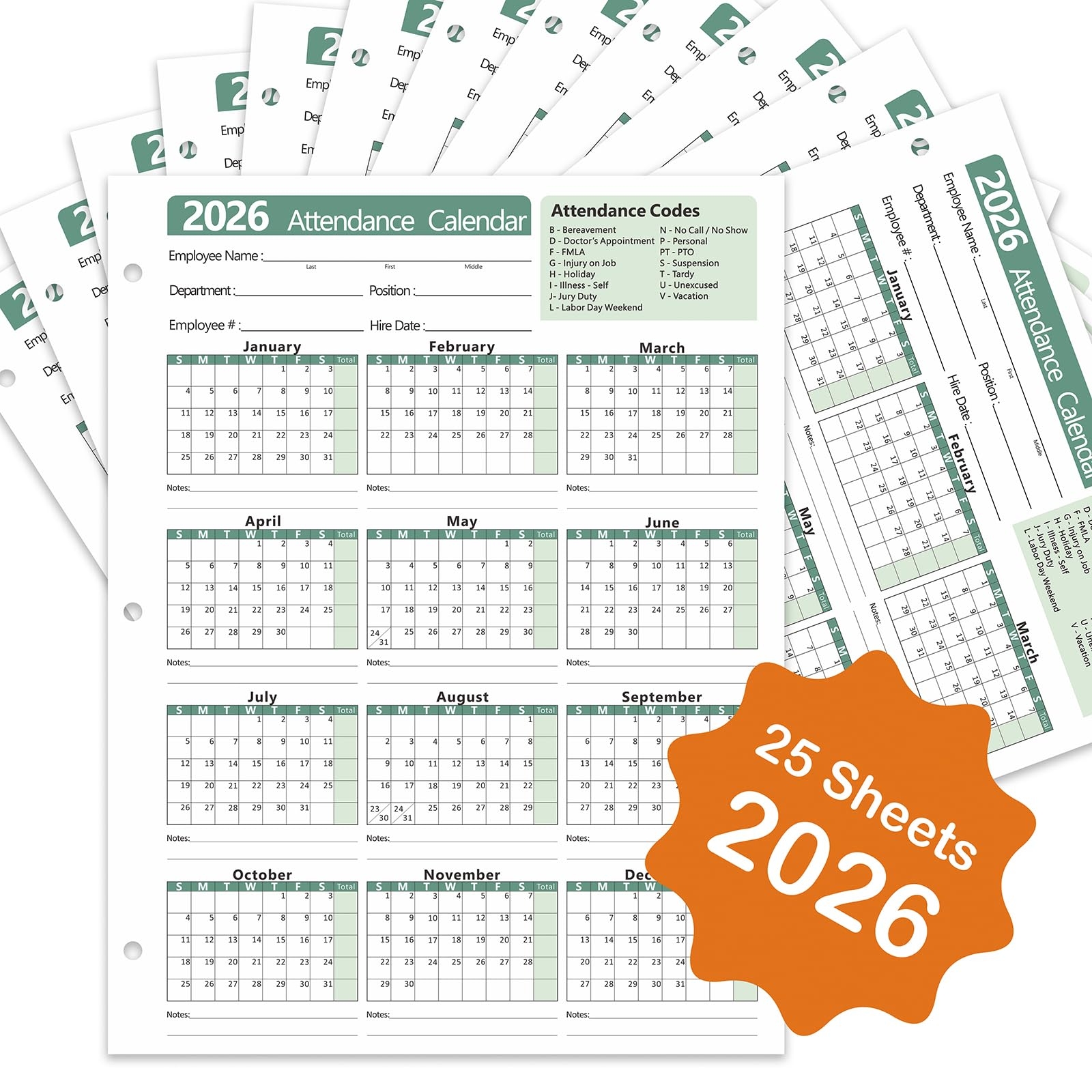 2026 Attendance Calendar Printable Free Pdf