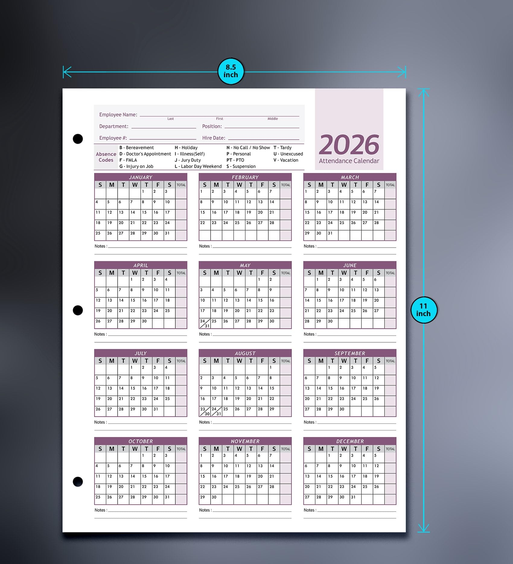 Amazon Attendance Calendar Employee Card Attendance Record Tracker 2026 Heavy 100lb Cardstock Paper 8 5 X 11 Inches Purple Pack Of 50 Sheets Office Products