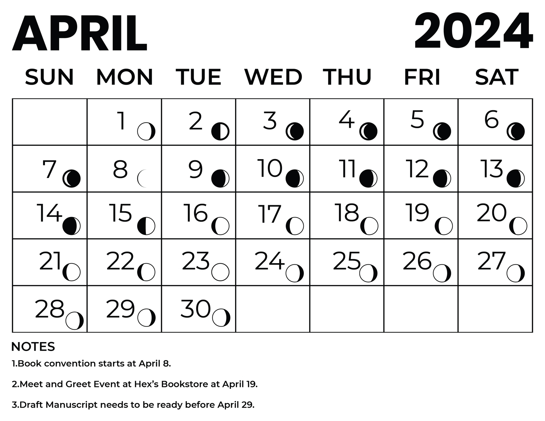 April 2024 Calendar With Moon Phases In EPS Illustrator JPG Word SVG Download Template