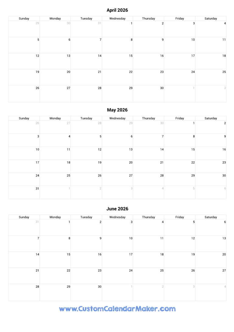 April To June 2026 Calendar Printable Custom Calendar Maker