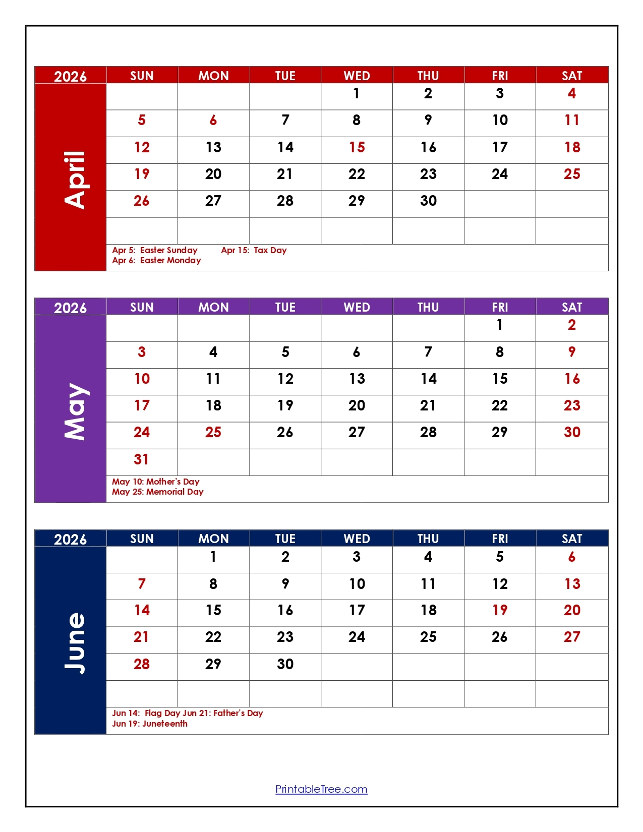 April To June 2026 Calendar Three Month Calendar