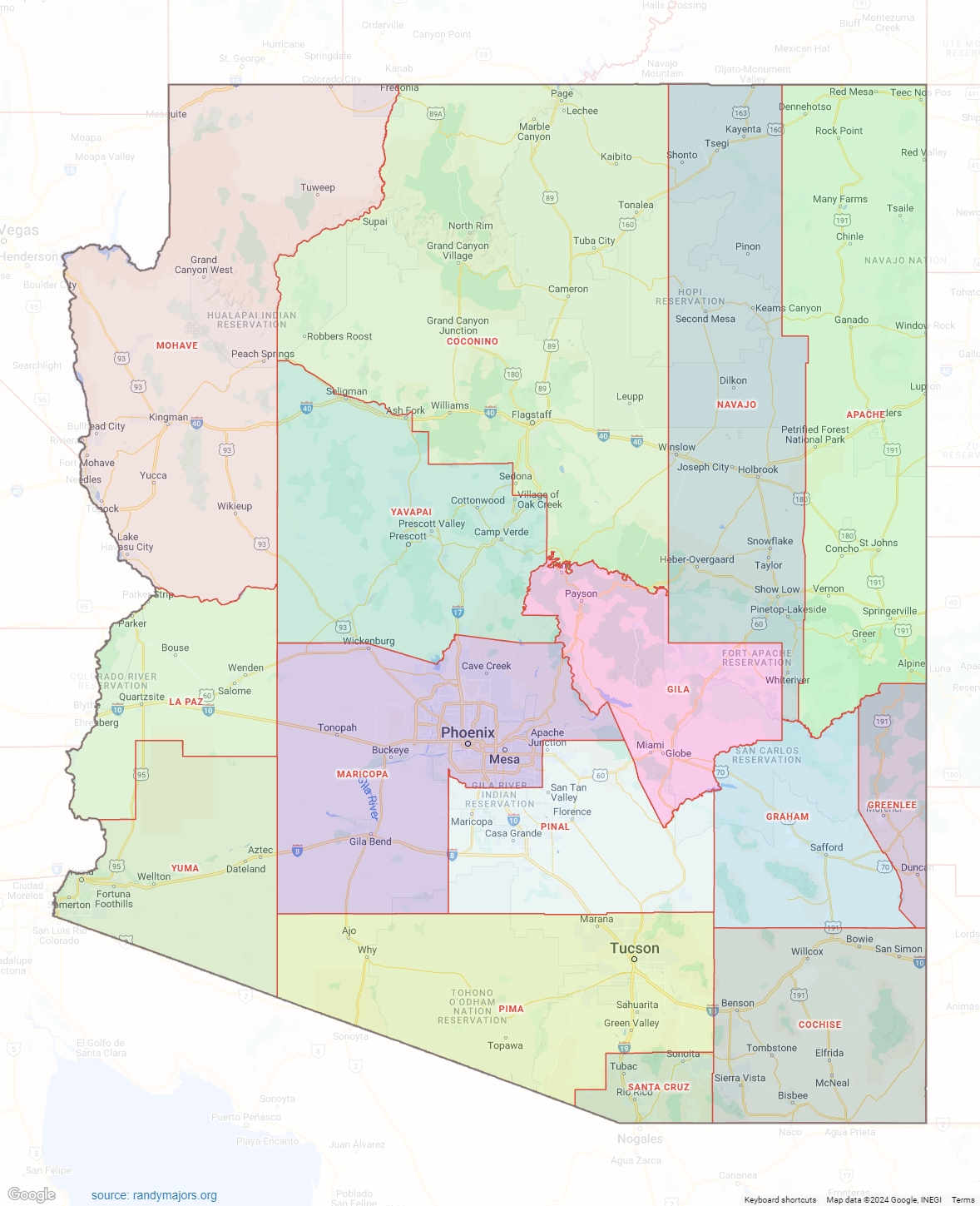 Arizona County Map Shown On Google Maps