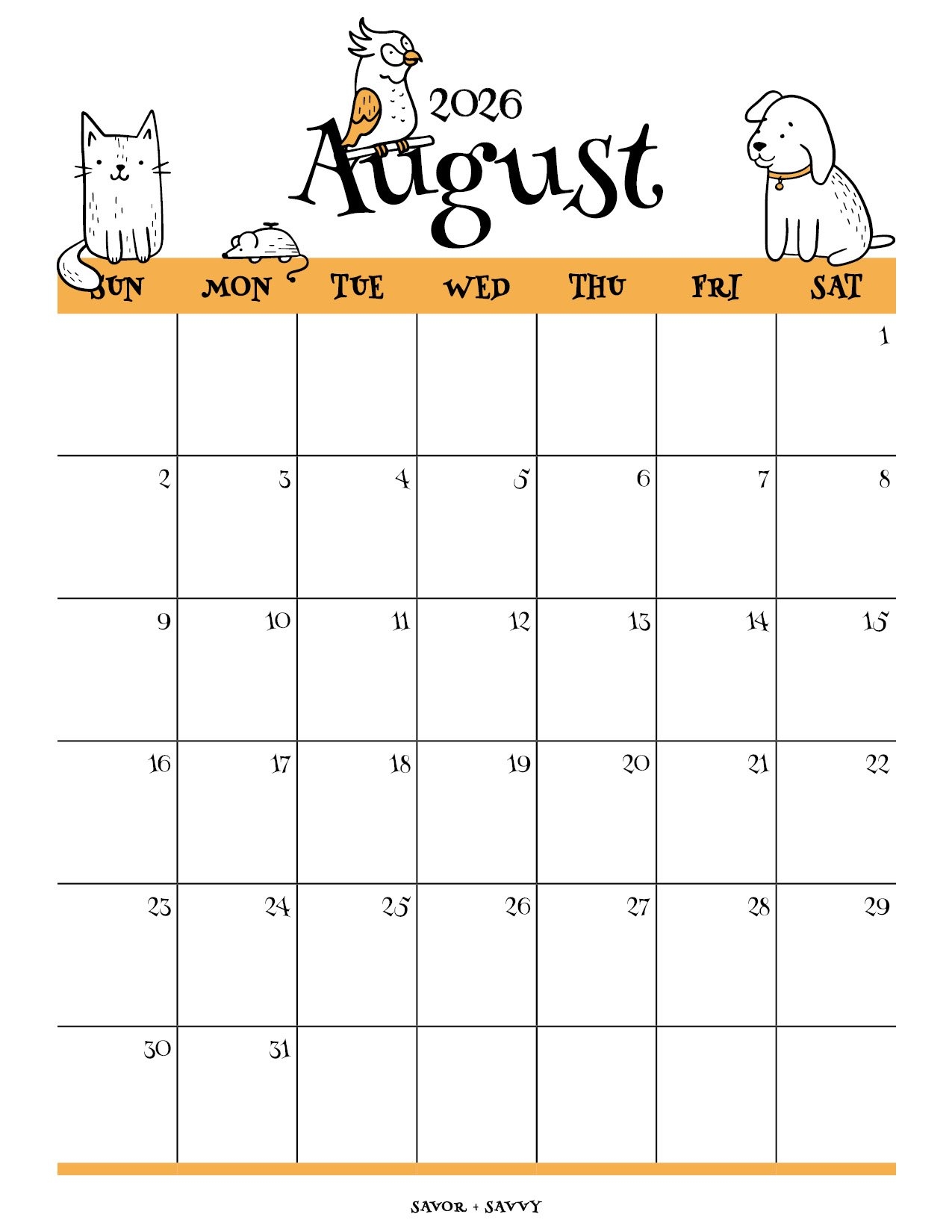 Free August Calendar 2026 Printable