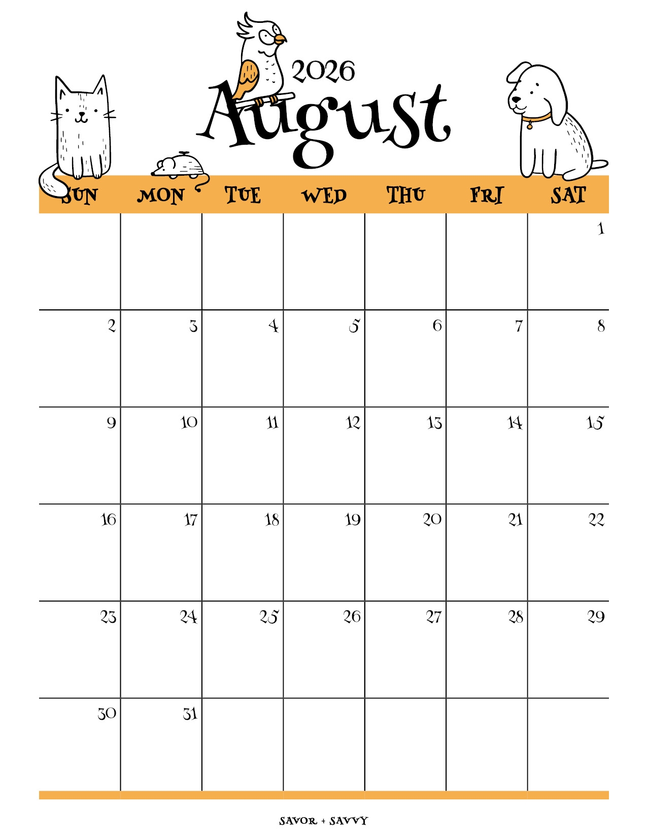 Calendar August 2026 Free Printable