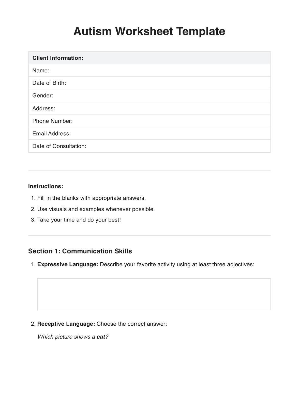 Autism Worksheet Example Free PDF Download