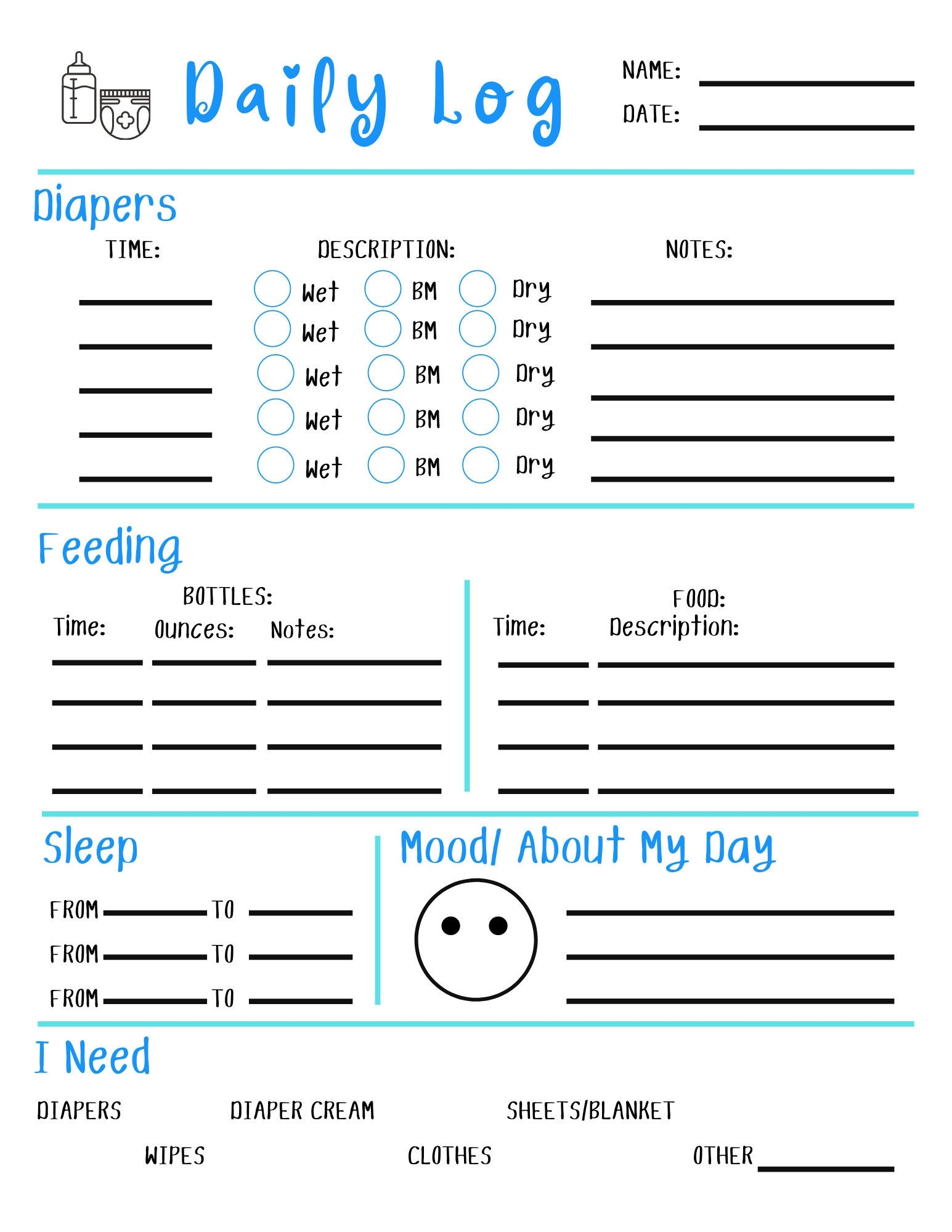 Baby s Daily Log Daycare Nanny Infant Report Feedings Diapers Printable Digital Download Etsy