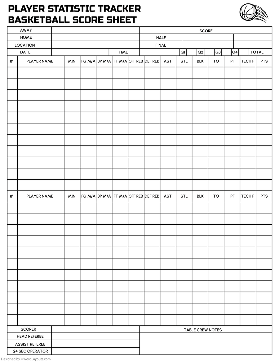 Basketball Game Time Tracker Stat Sheet Template WordLayouts
