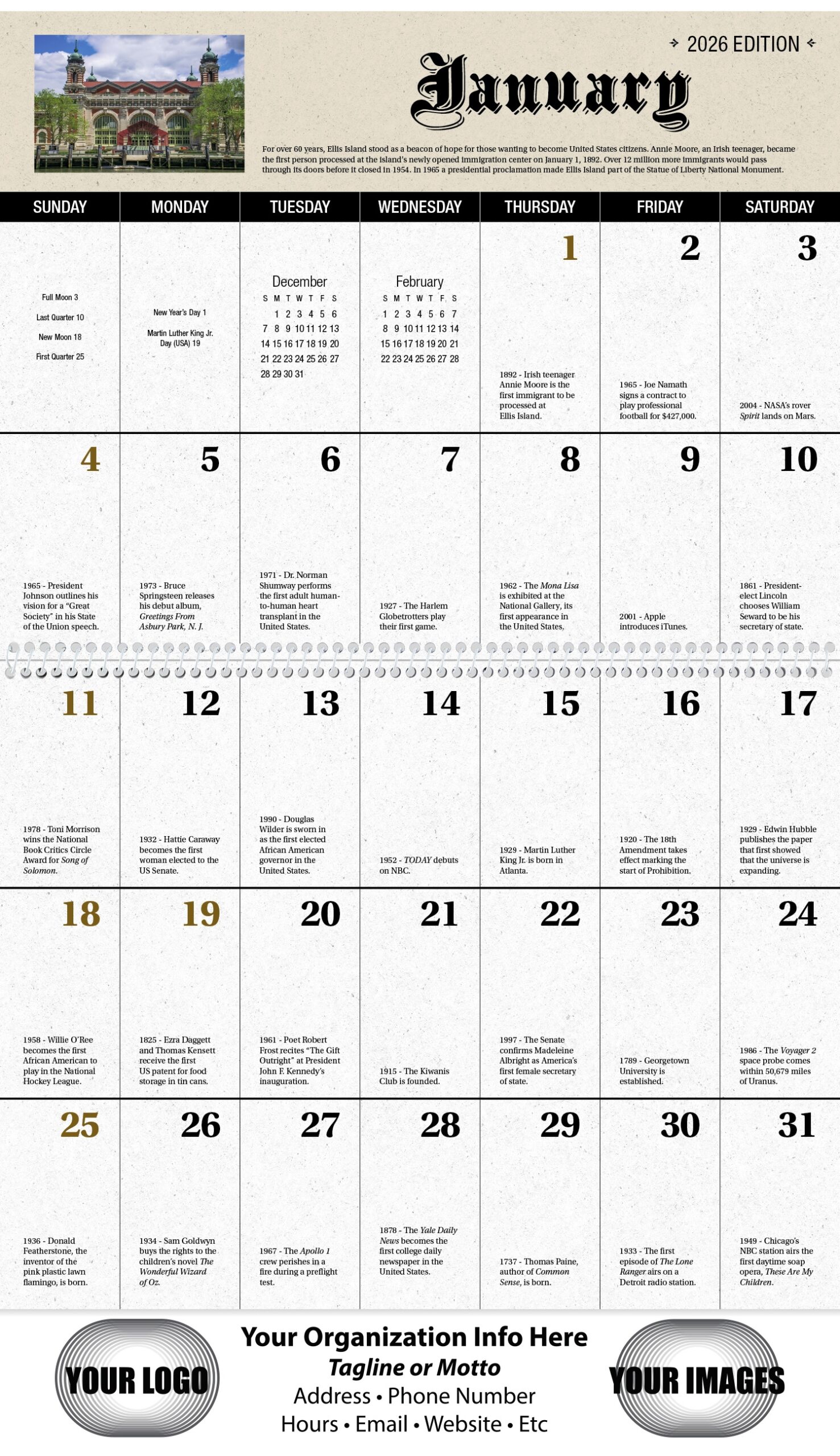 Big Block Daily History Spiral Bound Calendar 7052 Celebrating 250 Years Imprinted Calendars The Lauder Company