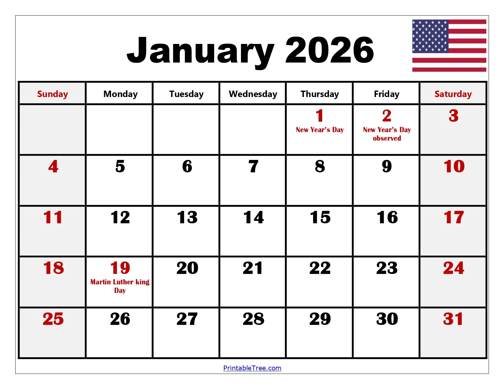 2026 Calendar Blank Printable