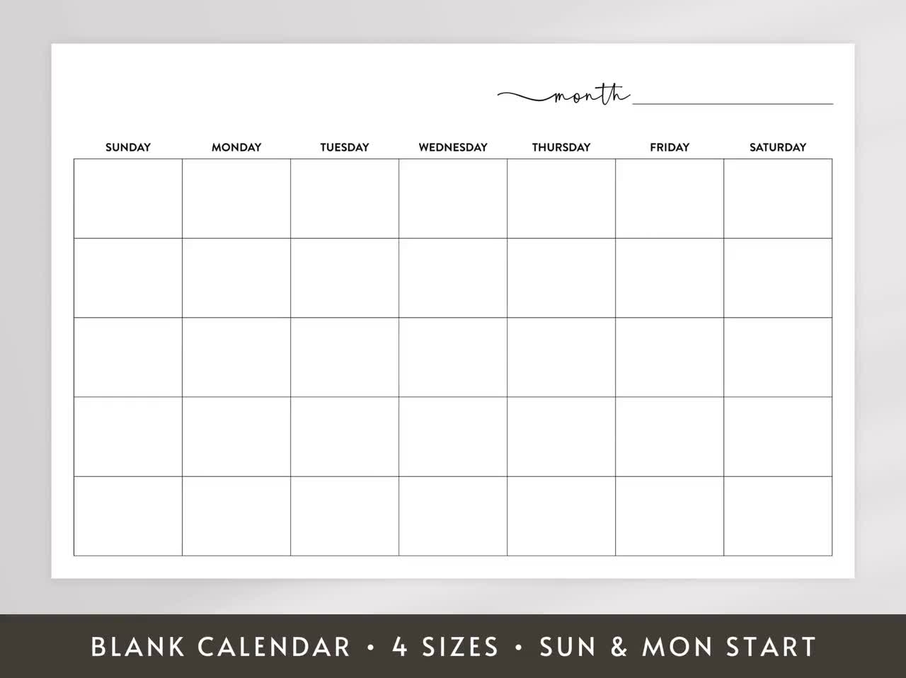Blank Printable Calendar Large Undated Wall Calendar 8x11 18x24 24x36 27x40 Sunday And Monday Start Digital Download Etsy UK