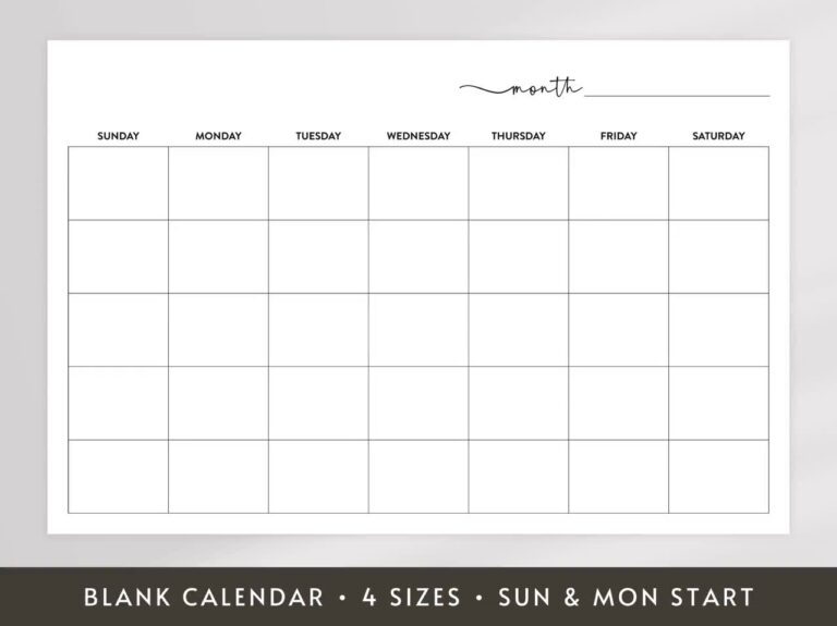 Blank Printable Calendar Large Wall Calendar Undated Calendar 8x11 18x24 24x36 27x40 Sunday And Monday Start Digital Download DIY Etsy