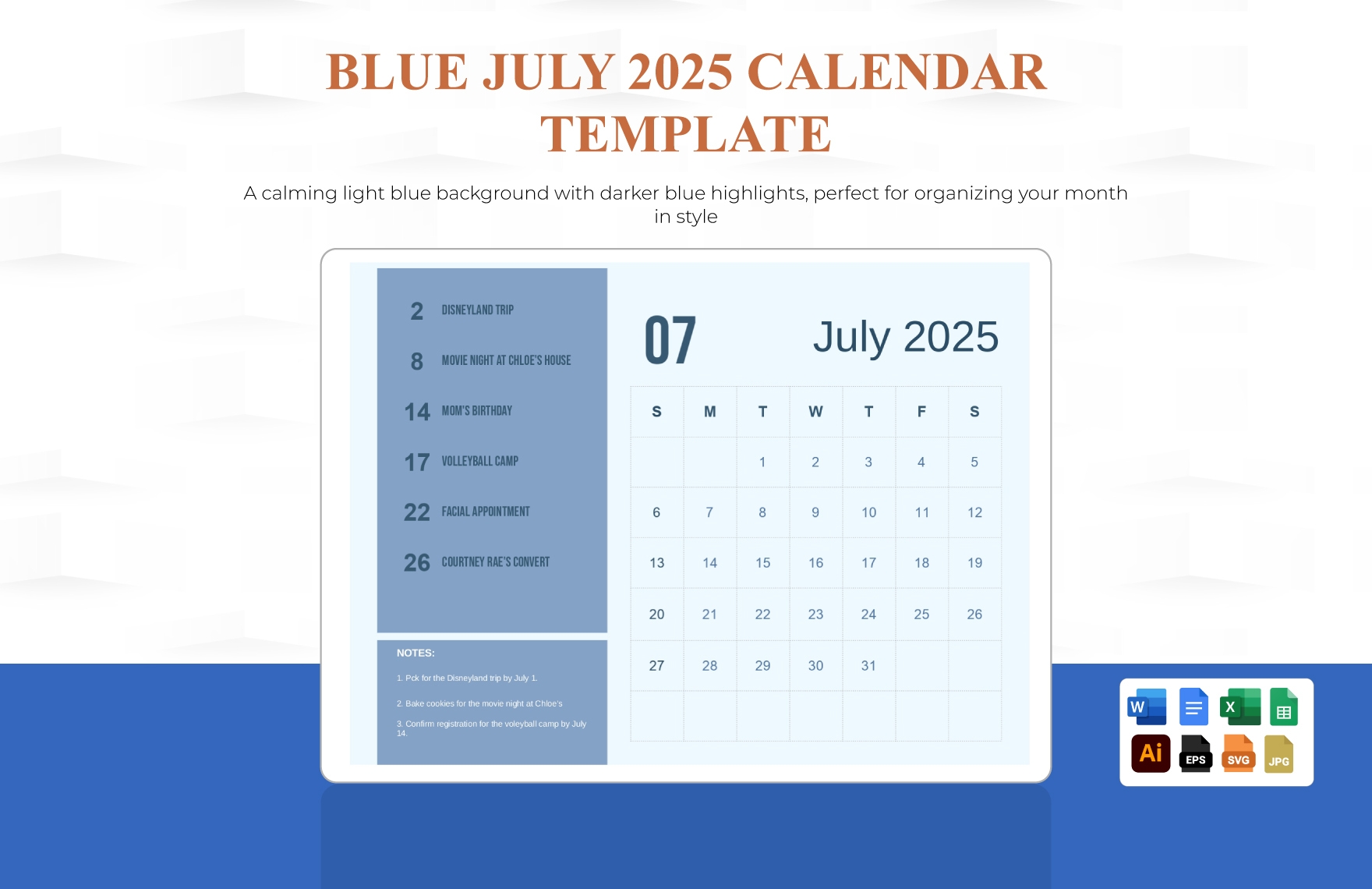 Blue October 2025 Calendar Template In Illustrator EPS JPG Excel Word SVG Google Docs Google Sheets To Download Template