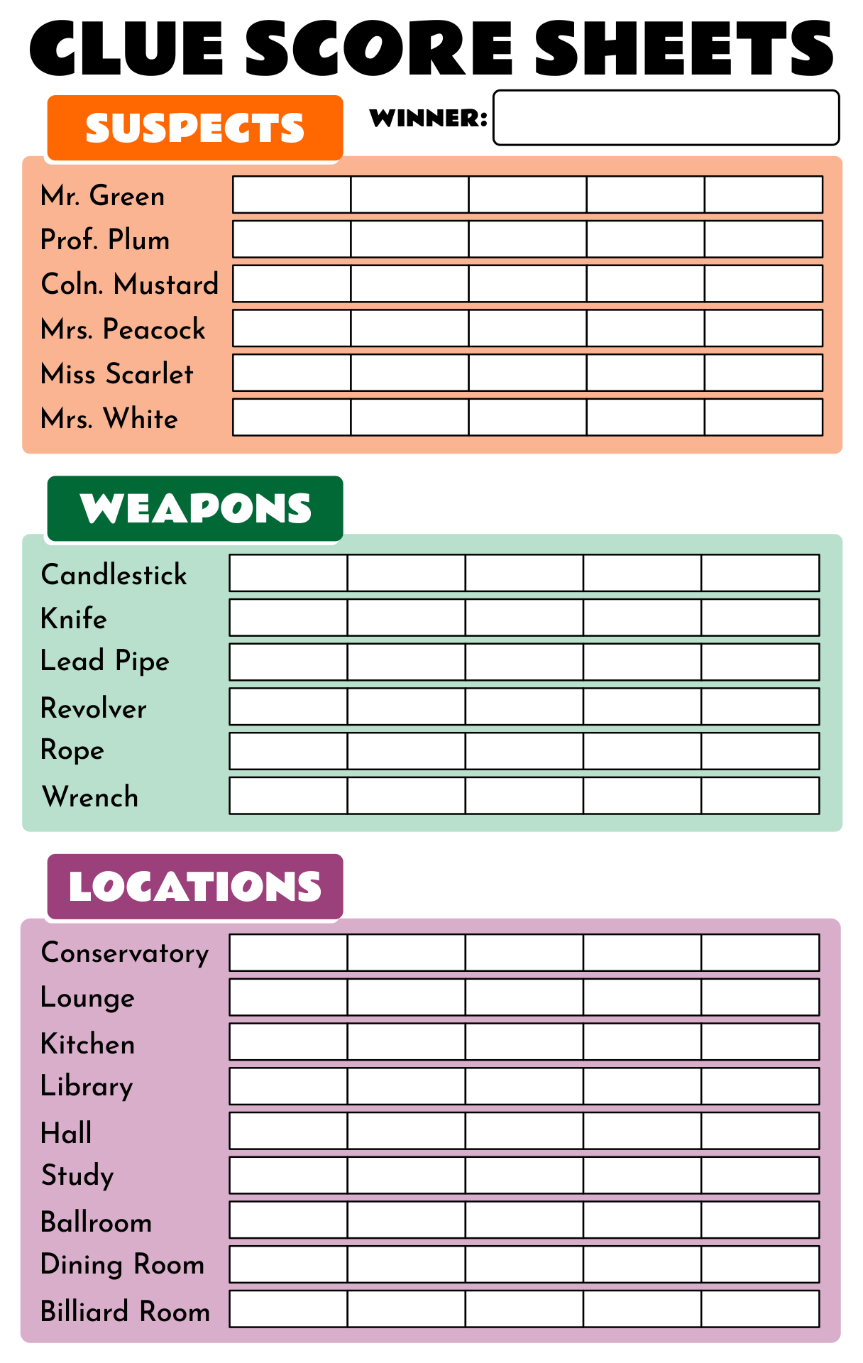 Board Game Clue Sheets 10 Free PDF Printables Printablee