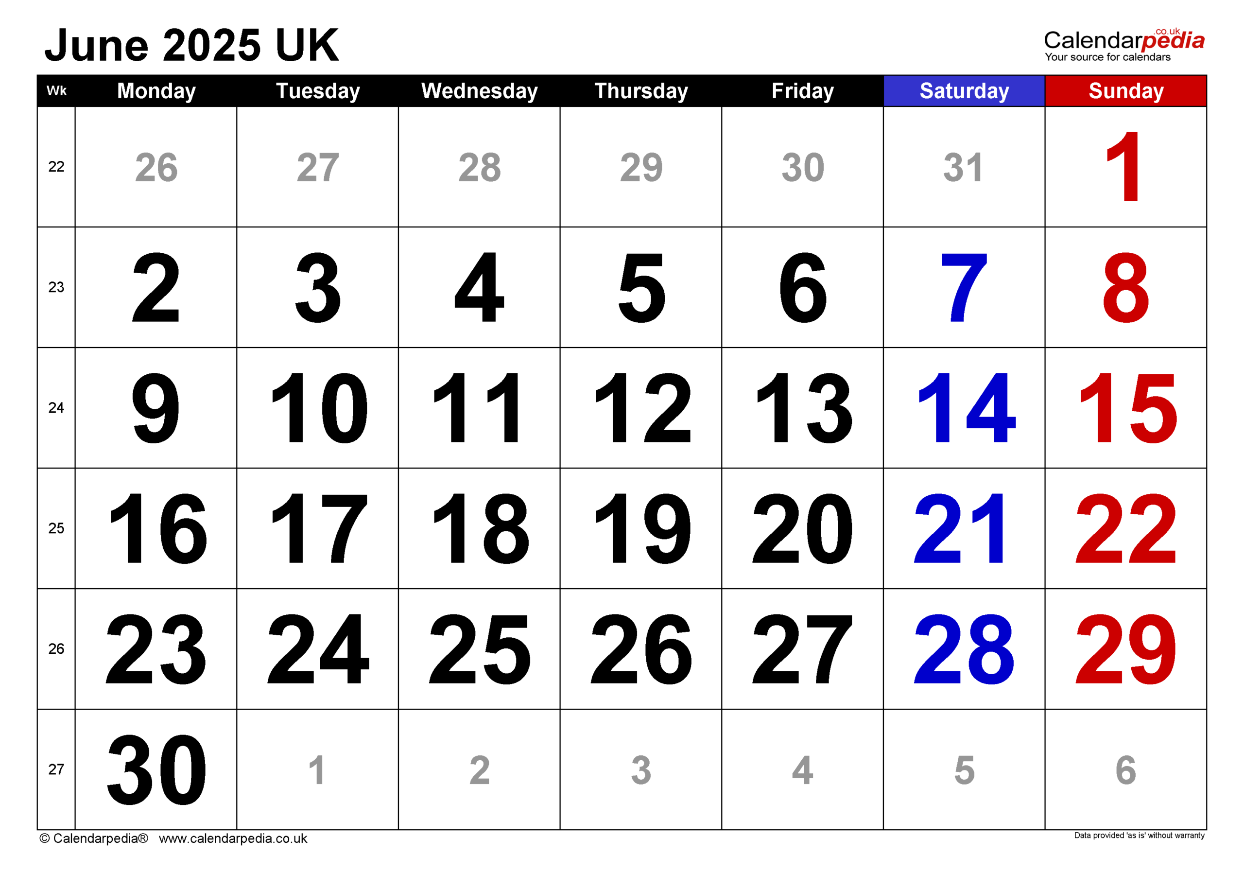 Calendar June 2025 UK With PDF Excel And Word Templates